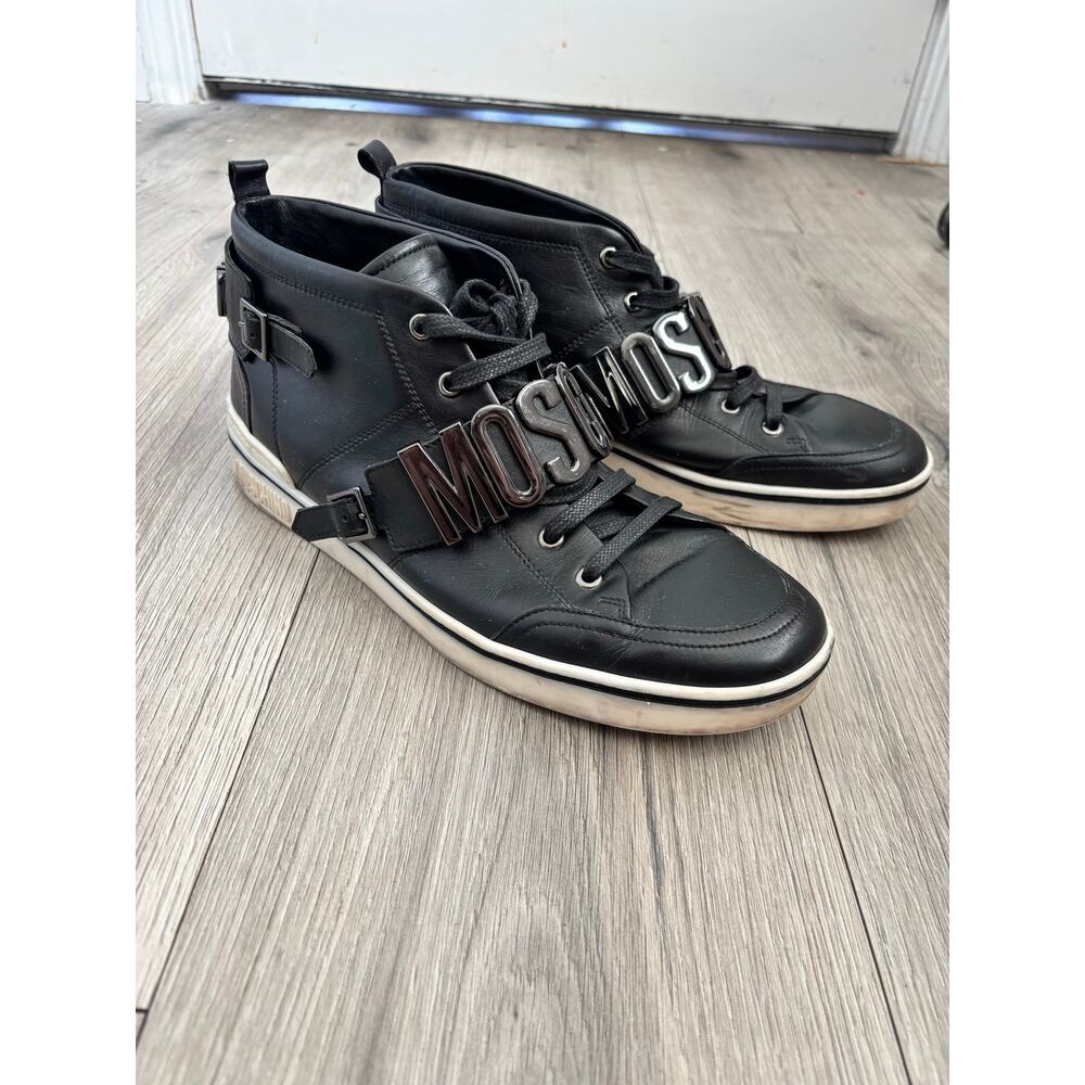 MOSCHINO logo mid top black leather sneakers. Logo hardware 43IT or US 10M - Picture 9 of 9